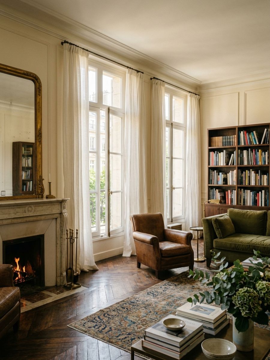 elegant living room with tall windows, soft curtains, traditional fireplace, and classic details