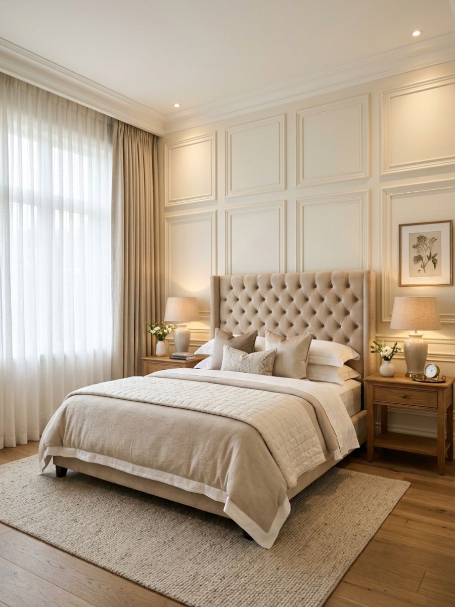 Classic square panel molding bedroom wall with tufted headboard for a timeless polished look