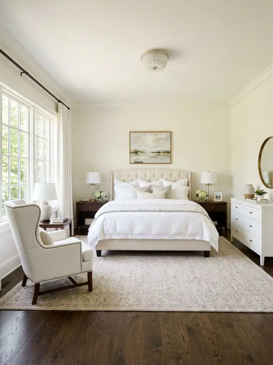 Transitional white bedroom blending classic wingback chair with simple modern platform bed