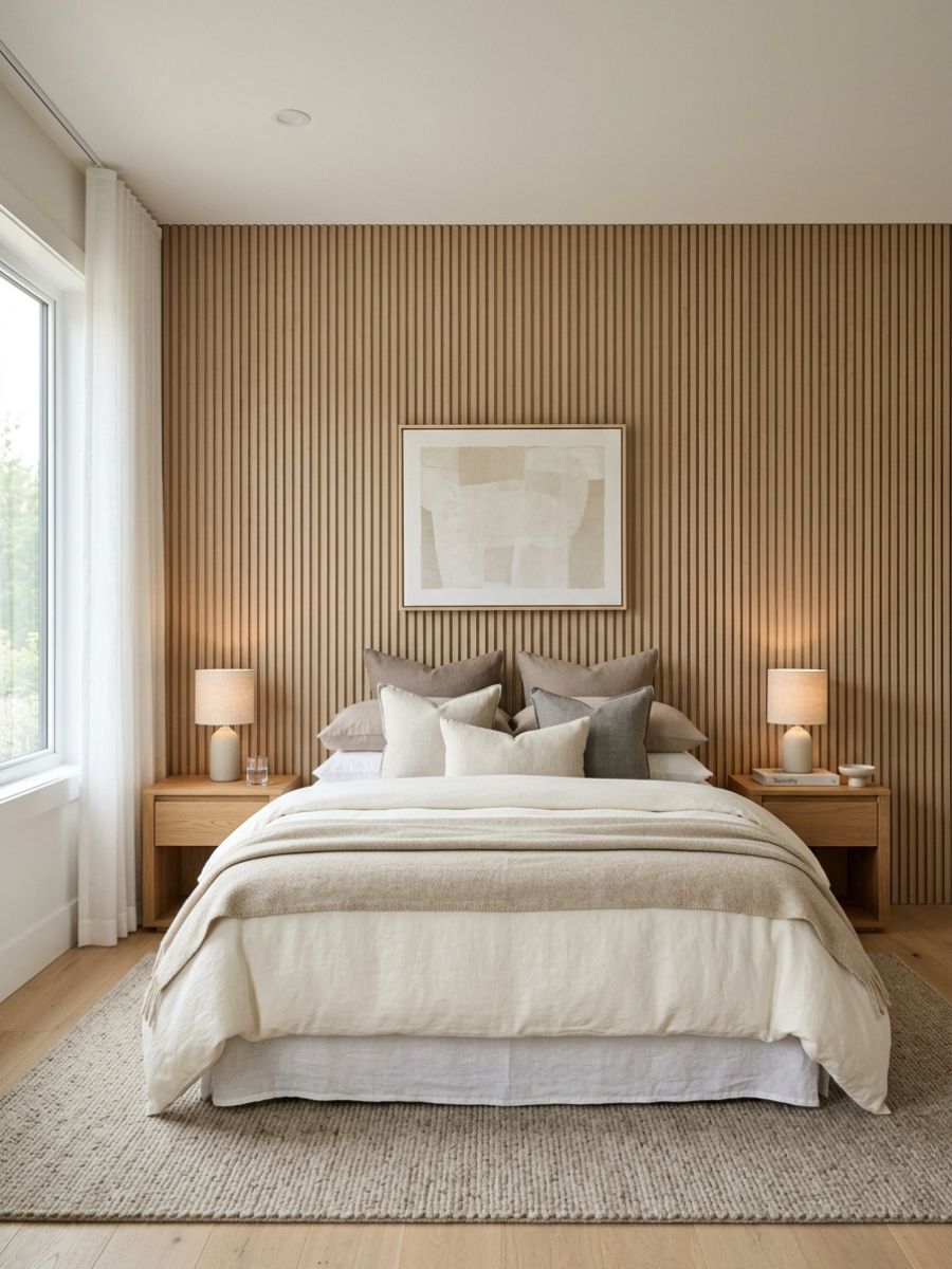Slim vertical panel slats creating a clean tailored backdrop for a bedroom bed