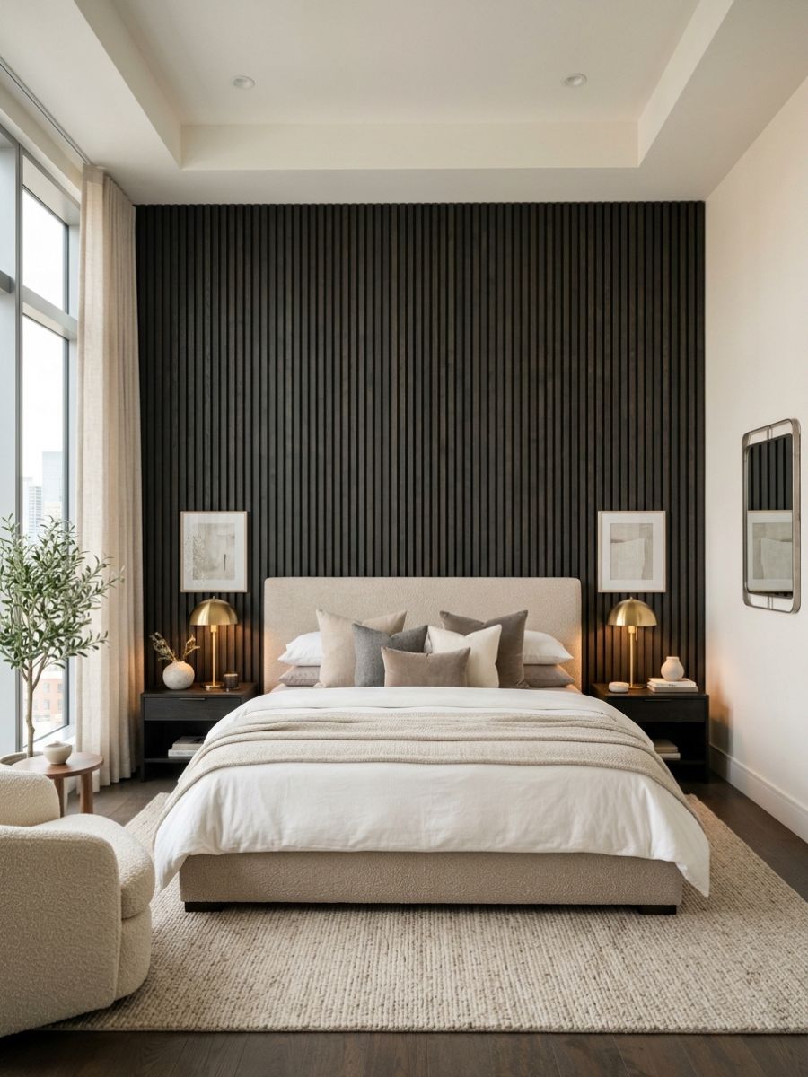 Tall vertical bedroom panel wall that draws the eye upward making the room feel larger