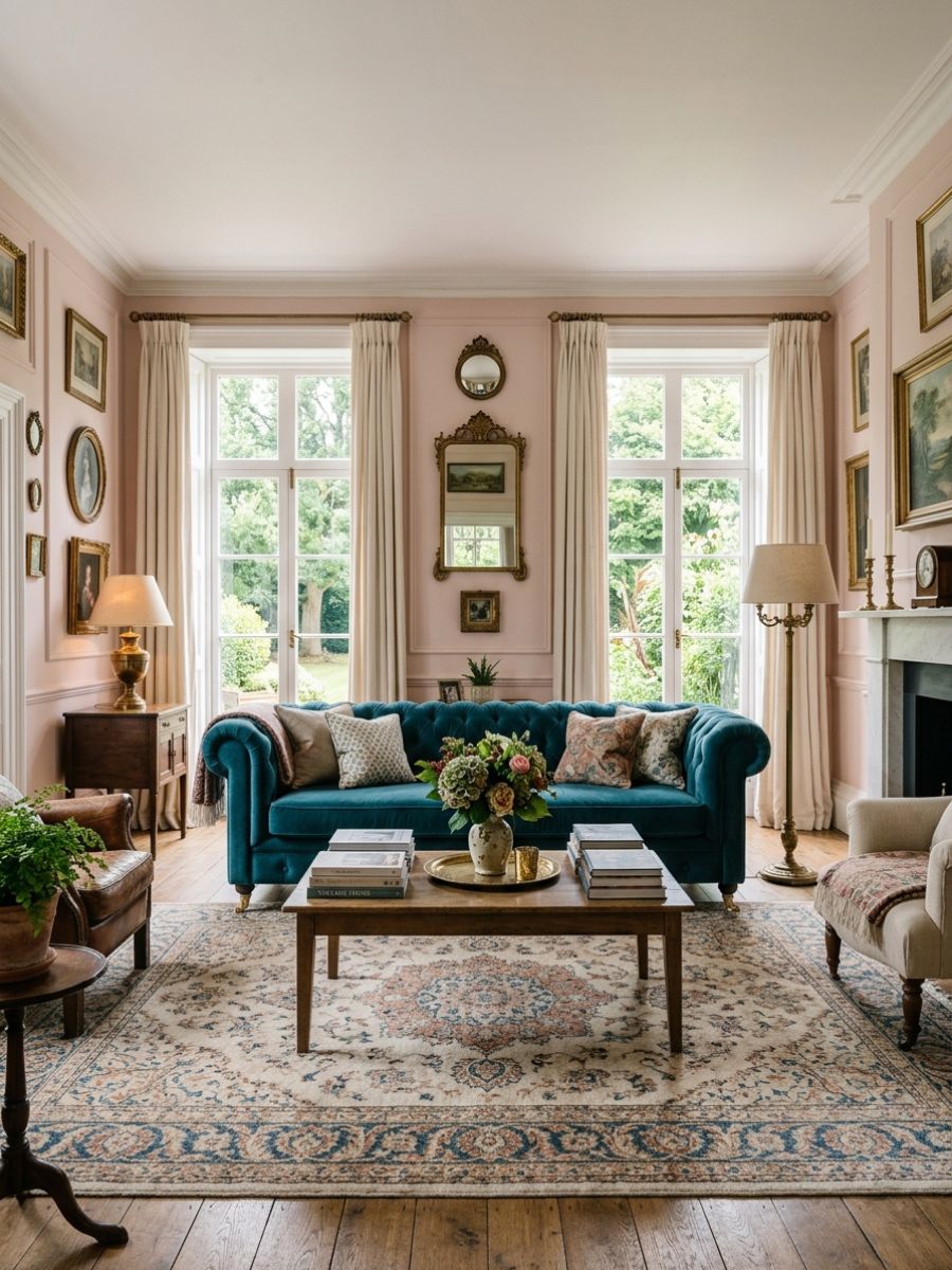 elegant living room with blush walls, deep teal sofa, vintage-inspired touches, and contrasting colors