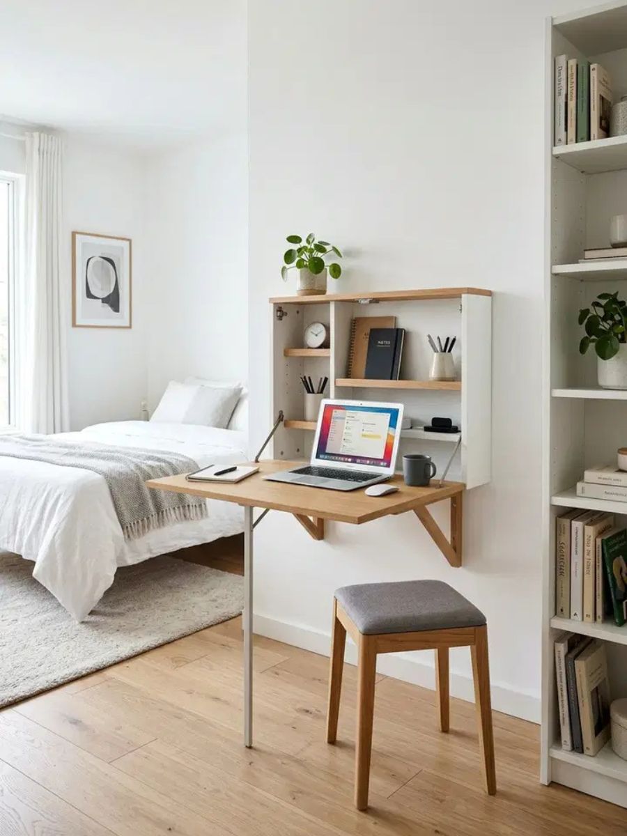 Wall-mounted foldable desk that folds flat against the wall when not in use