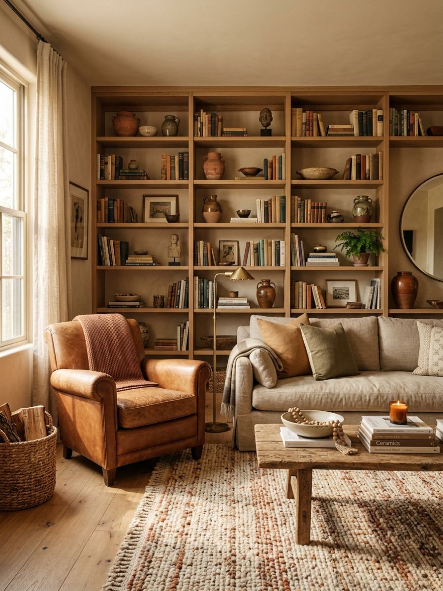 elegant living room with built-in shelves, warm leather chair, and layered ceramic decor