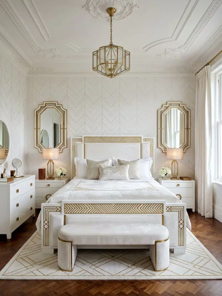 White Art Deco bedroom with geometric patterns, high-gloss lacquer furniture and gold accents