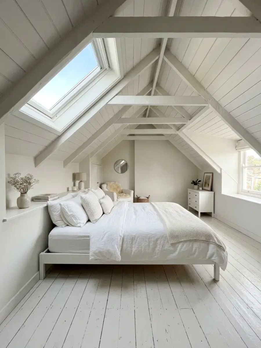 White attic bedroom with sloped ceilings painted white and skylight flooding space with light