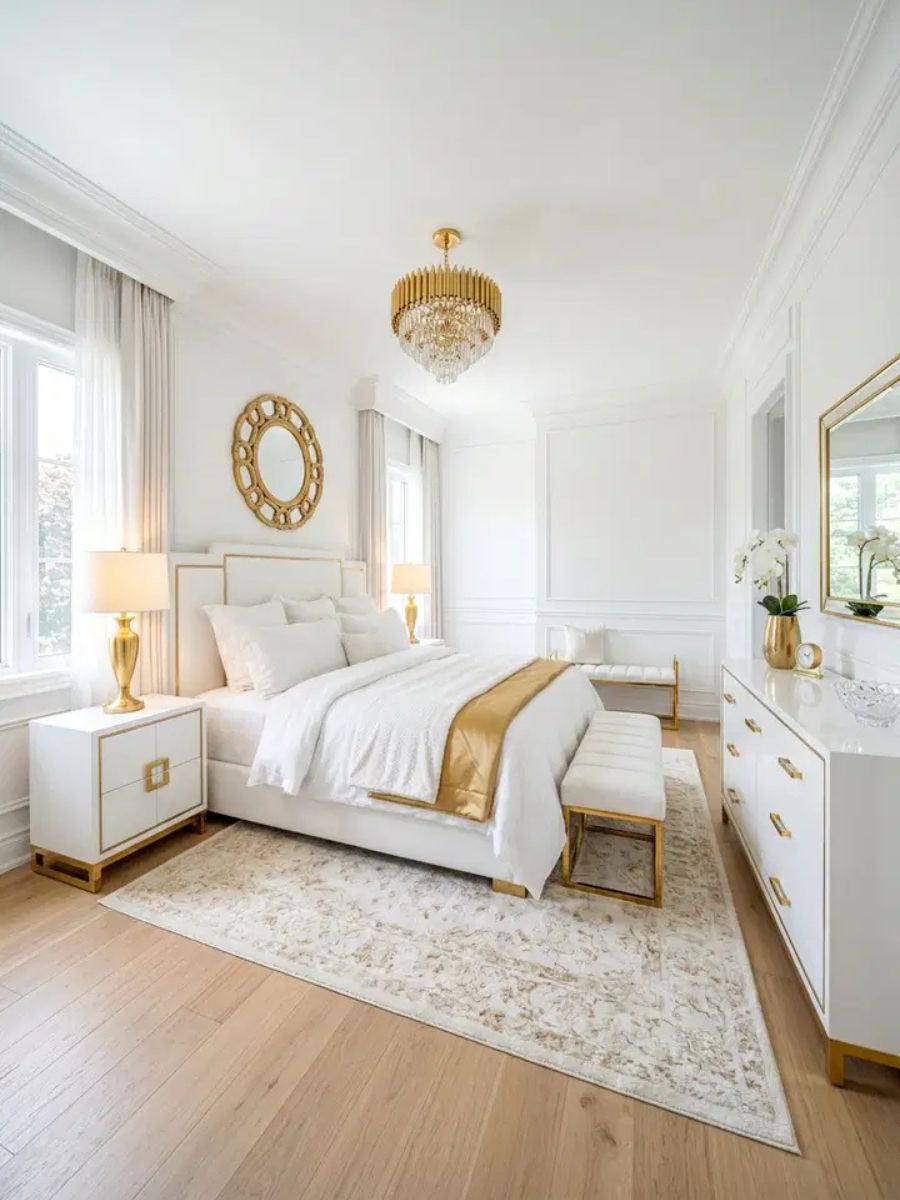 White bedroom with gold-finished lamps, picture frames and a gold-framed statement mirror