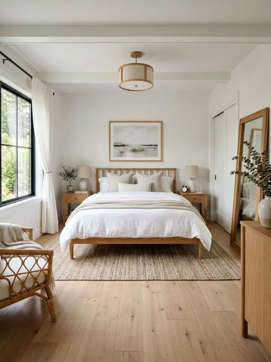 White bedroom with warm natural wood flooring and wooden bed frame for a balanced earthy feel