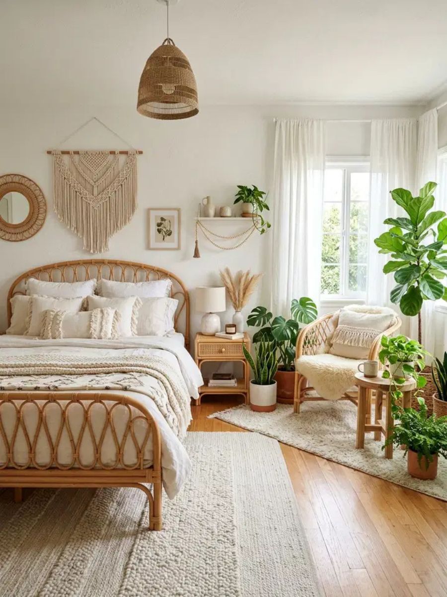White boho bedroom with macrame wall hanging, rattan furniture and layered textiles