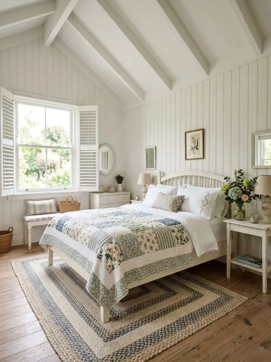 White cottage bedroom with beadboard wall panelling, quilts and fresh flowers in a ceramic vase