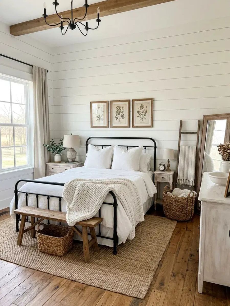 White farmhouse bedroom with shiplap wall, iron bed frame and woven baskets