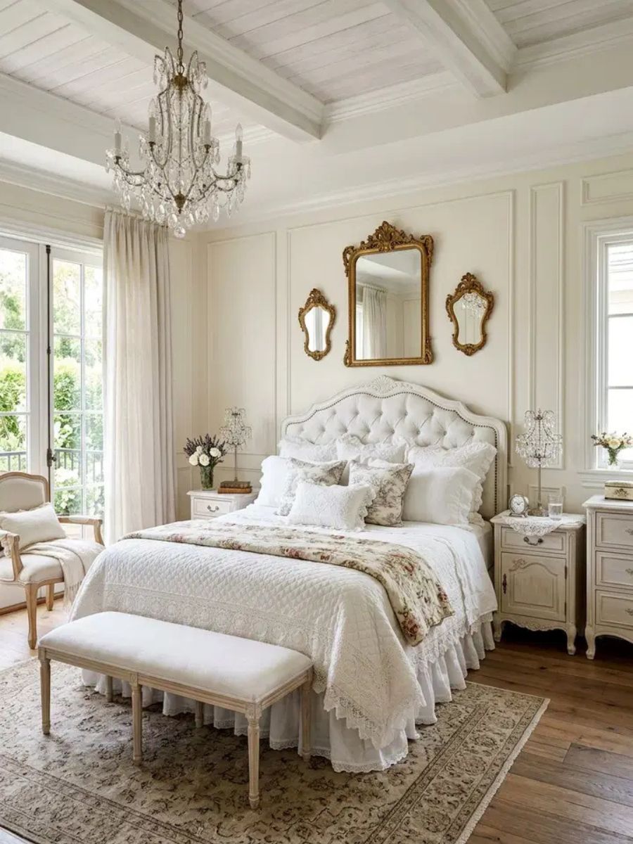 White French country bedroom with tufted headboard, crystal chandelier and gilded mirror