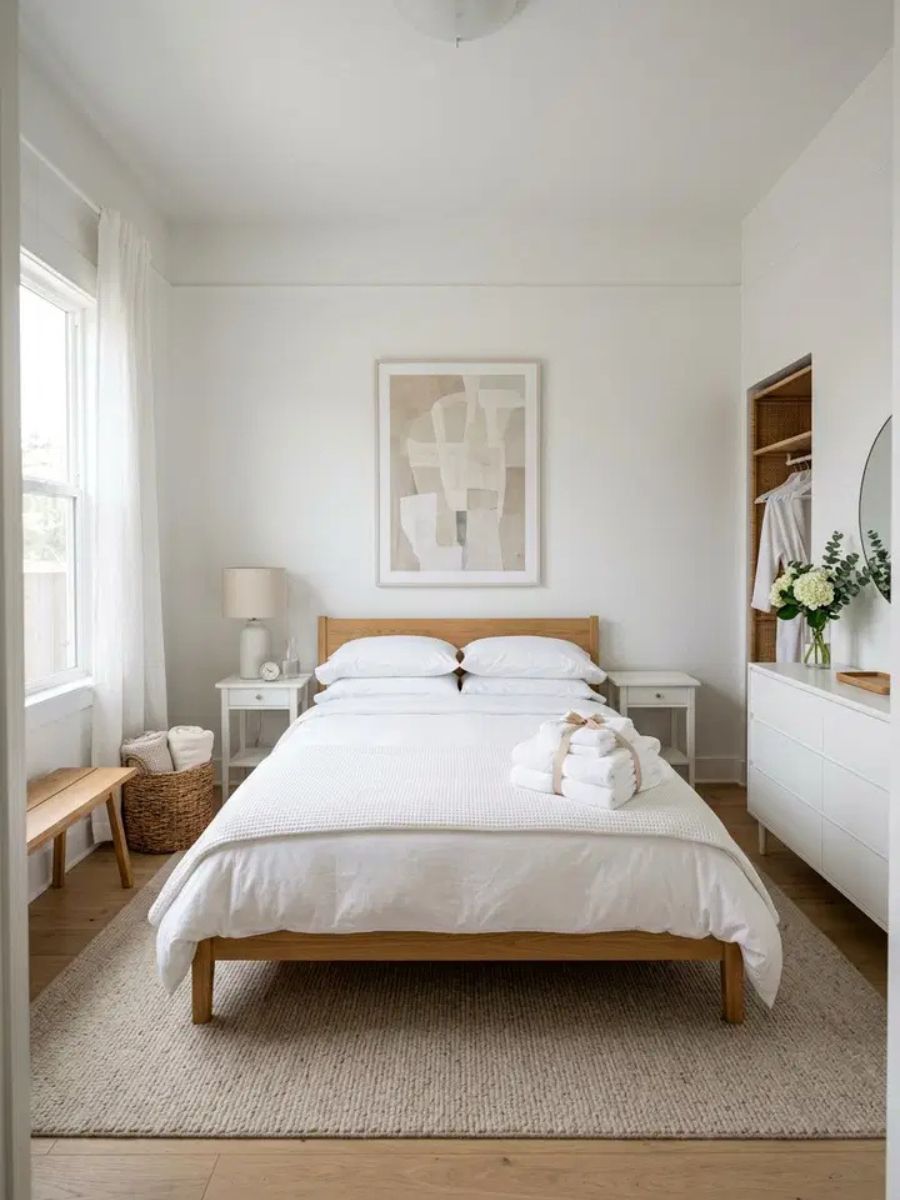White guest bedroom with clean simple decor, fresh white towels and cozy throw blanket