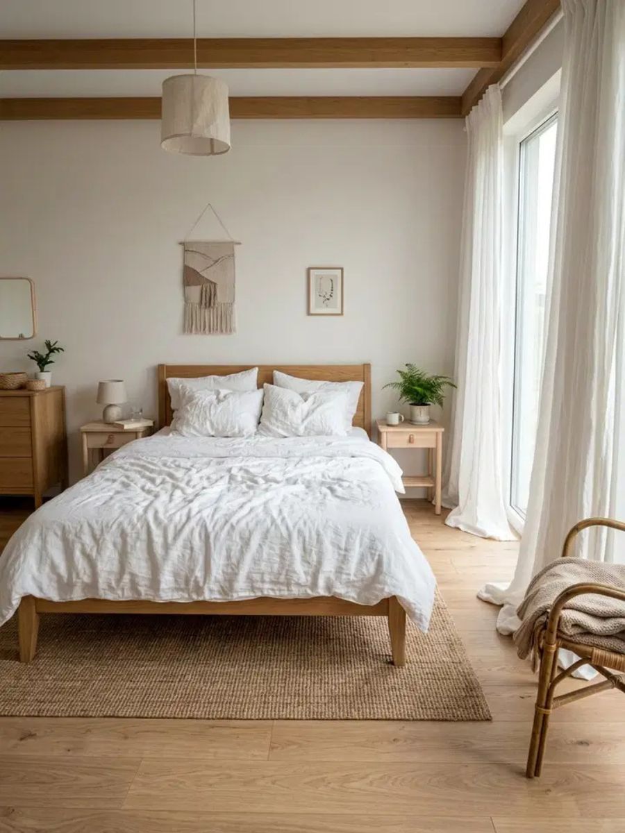 White linen bedroom with crumpled linen bedding, linen curtains pooling on floor and natural light