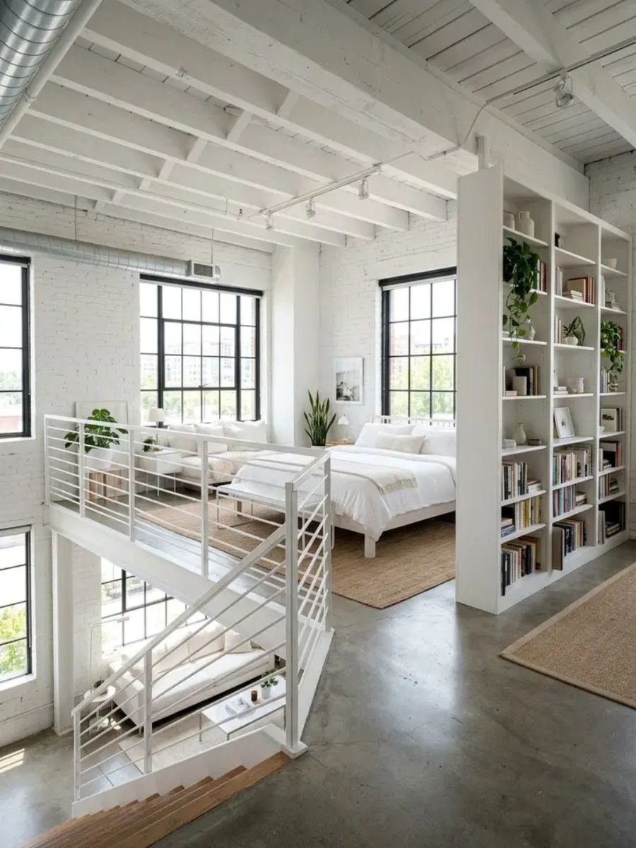 White loft bedroom with tall white bookshelves as room divider and industrial white metal railings