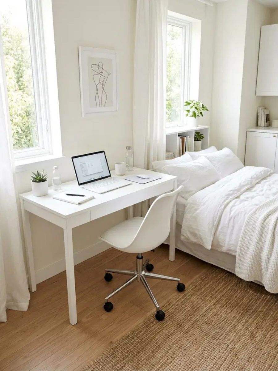 White minimalist desk in a bedroom creating a clean calm workspace