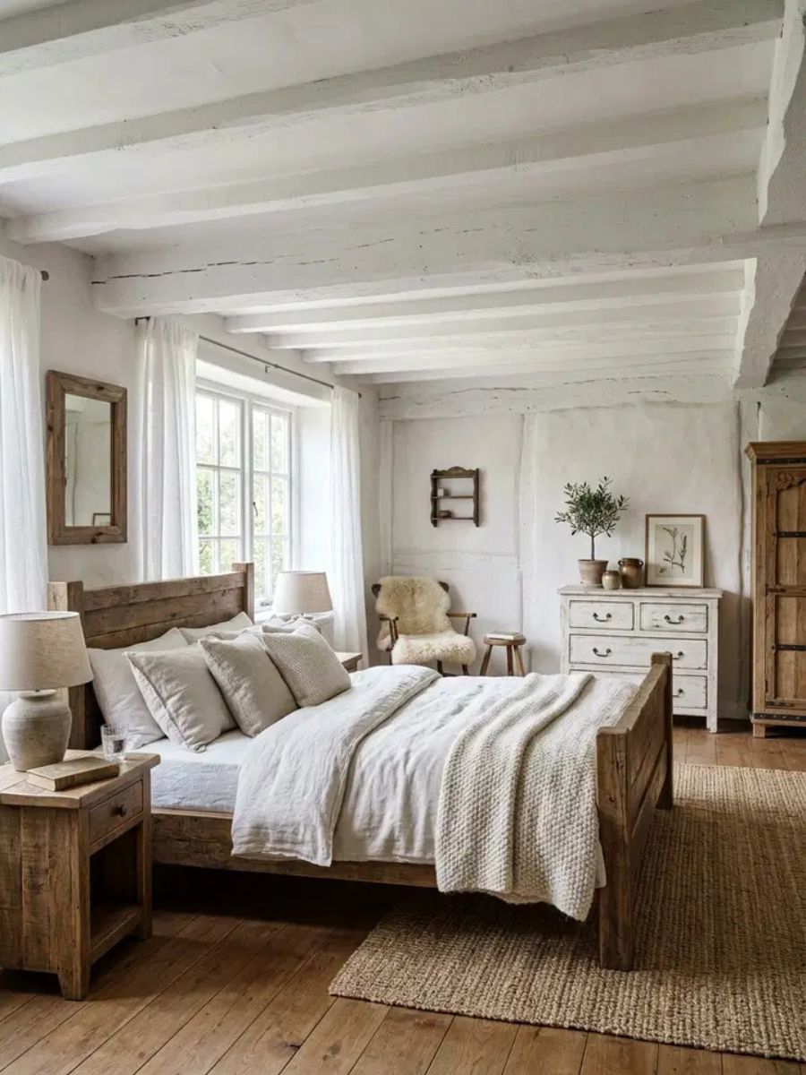 White rustic bedroom with wooden ceiling beams, white plaster walls and hand-woven textiles