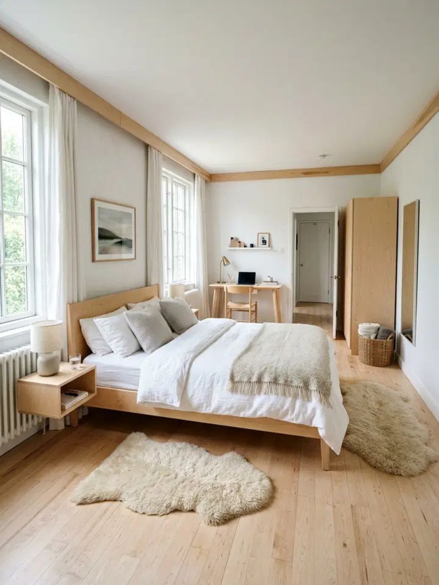 White Scandinavian bedroom with light ash wood furniture, sheepskin rug and chunky knit blanket
