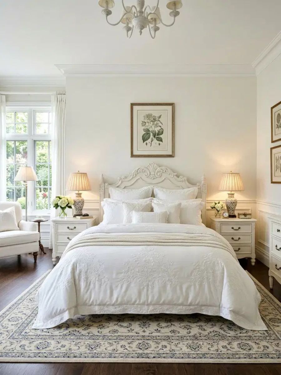 White traditional bedroom with symmetrical layout, ornate headboard, crown molding and crisp layered bedding