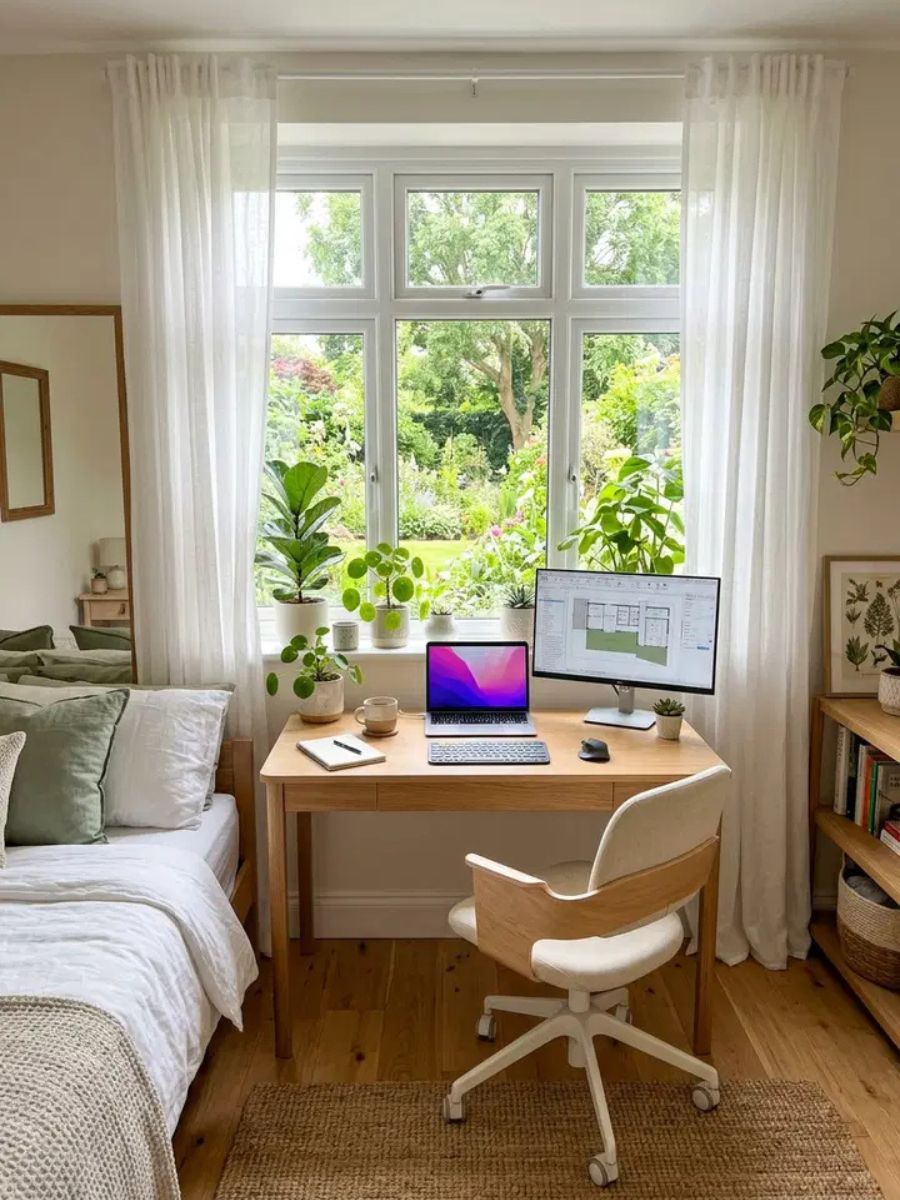 Desk placed in front of a bedroom window with natural light for a bright home office