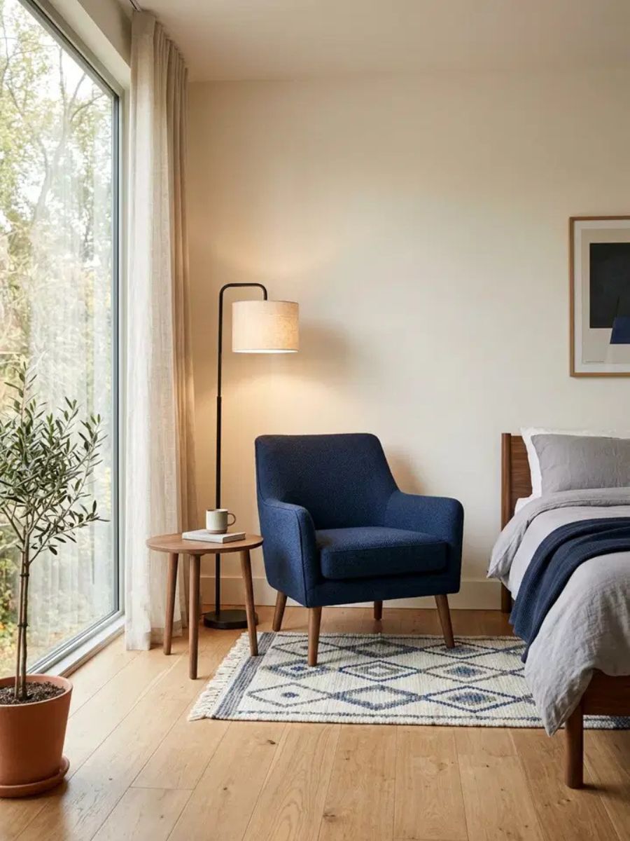 Wool accent chair with metal legs as a statement piece in a bedroom corner