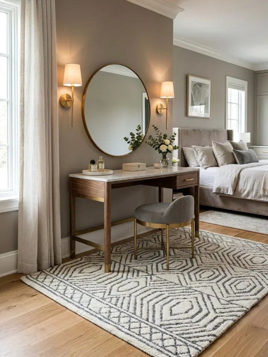 Patterned wool area rug defining a cozy zone in a bedroom with hardwood floors