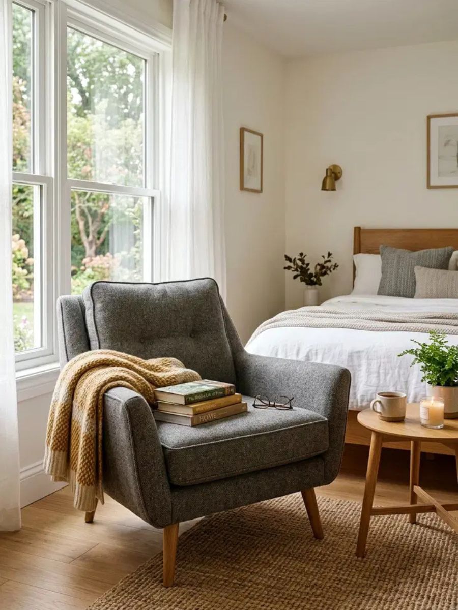 Wool upholstered armchair in a bedroom corner creating a cozy reading nook