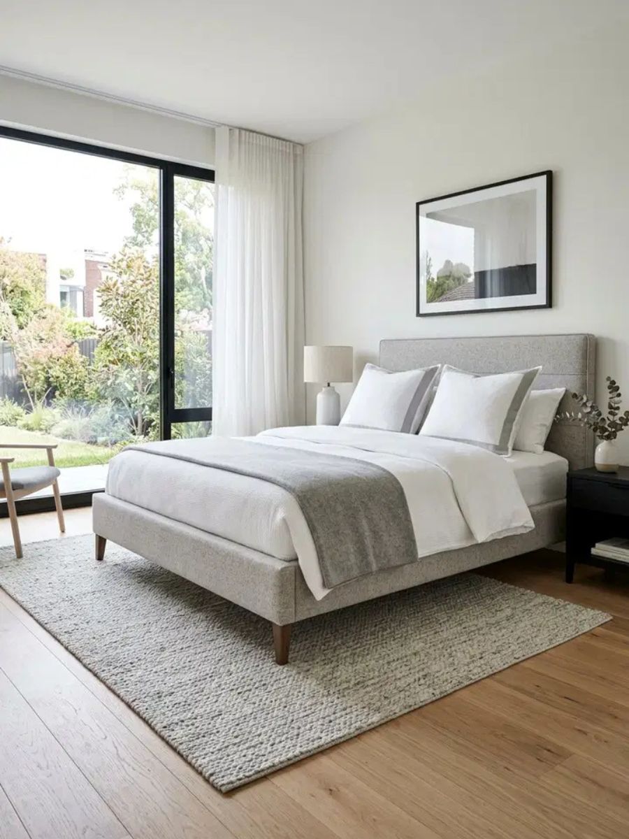 Fully upholstered wool bed frame creating a plush and cozy bedroom focal point
