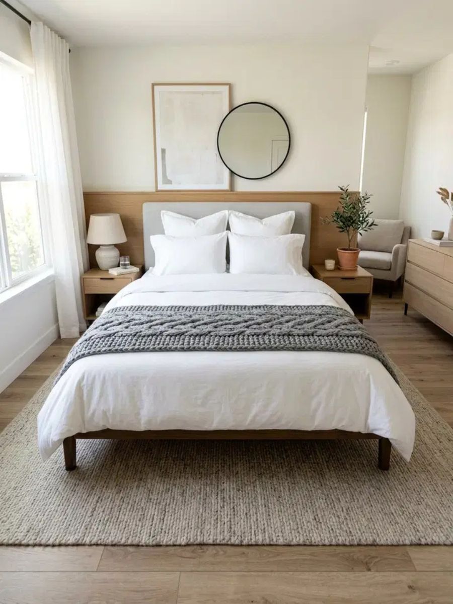 Wool bed runner across the foot of a bed adding a hotel-style polished finish