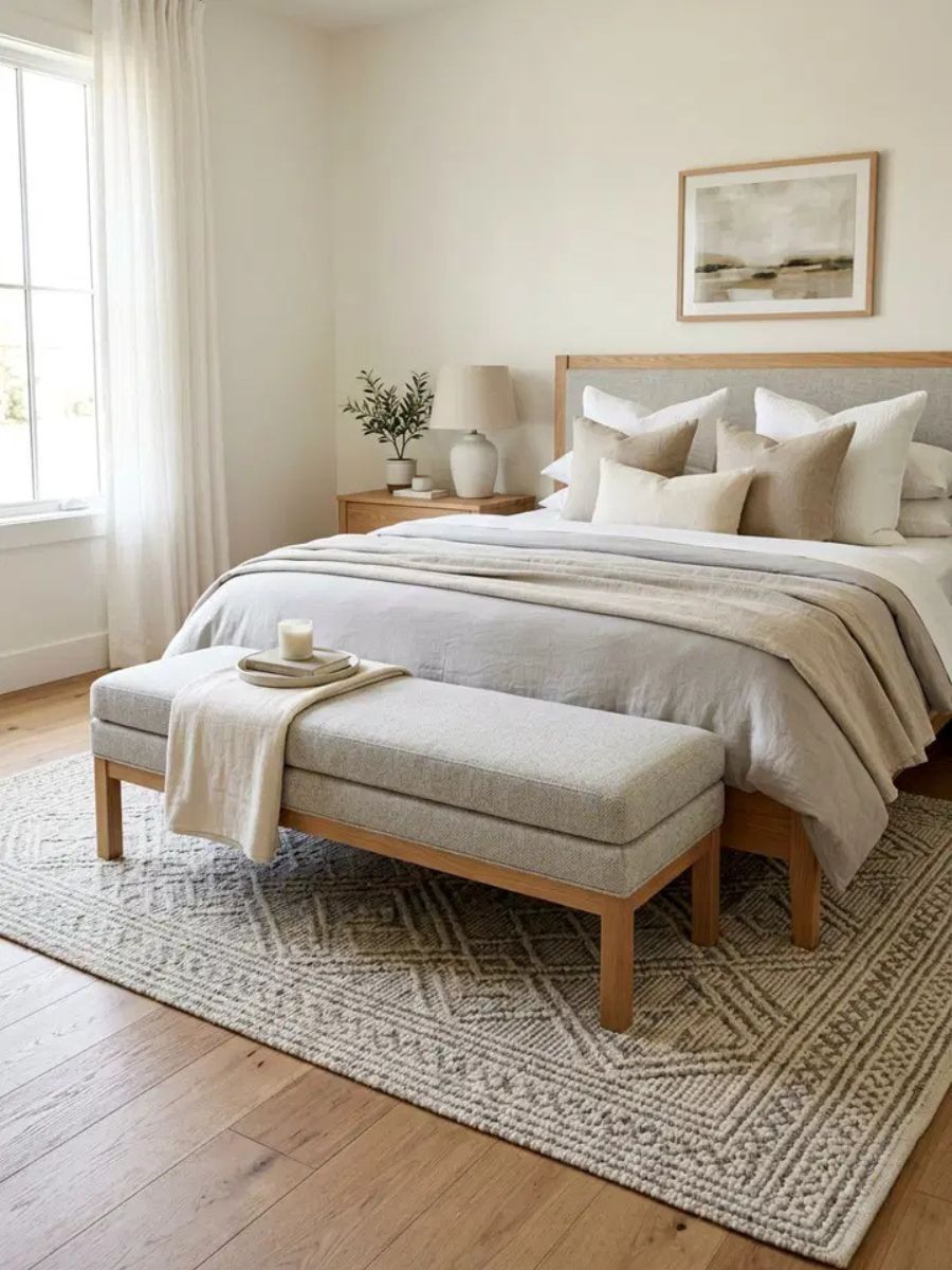Wool upholstered bench at the foot of the bed for added style and function