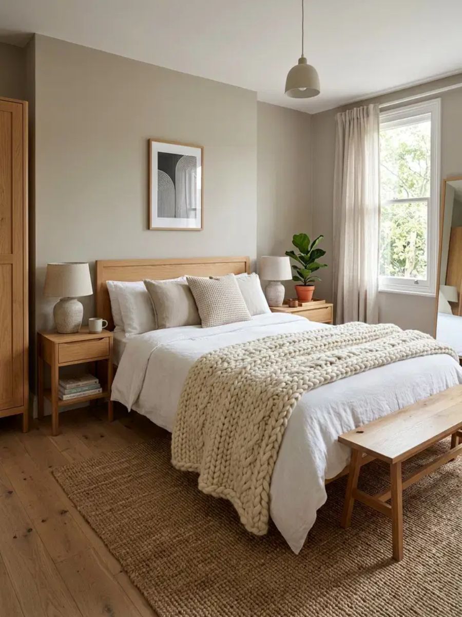 Chunky wool throw blanket draped over a bed for a cozy layered look