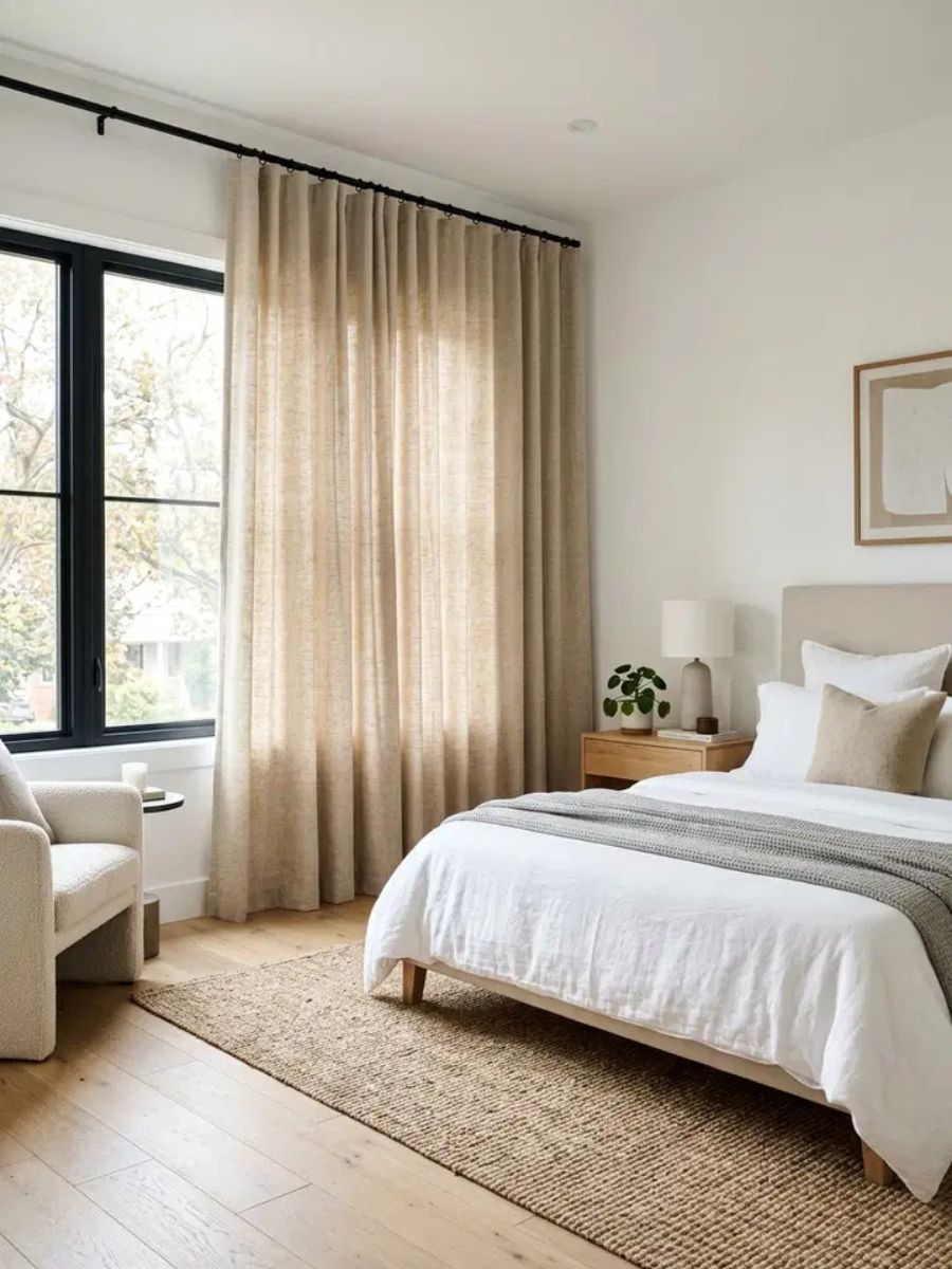 Wool blend drapery on bedroom windows creating soft light and insulation