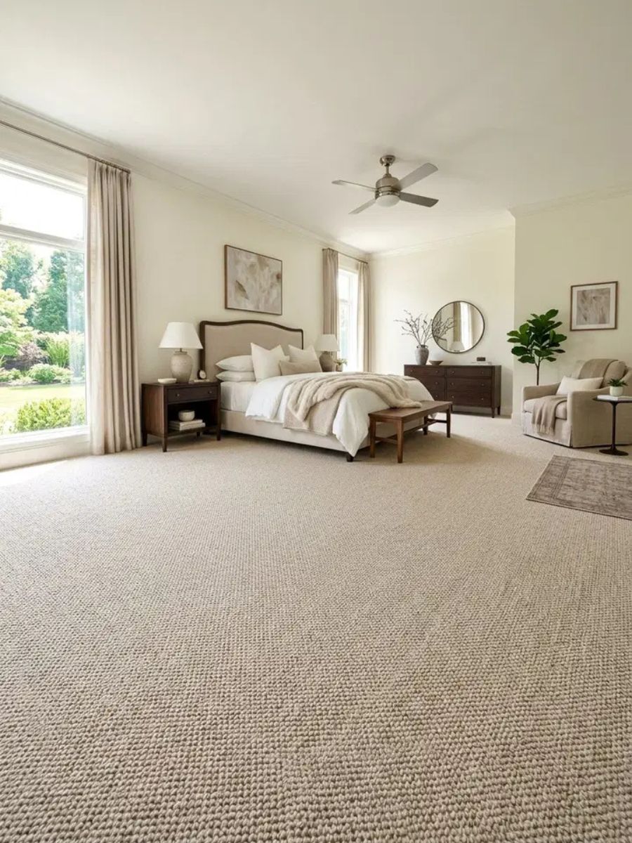 Wall-to-wall wool carpet in a bedroom providing soundproofing and underfoot luxury