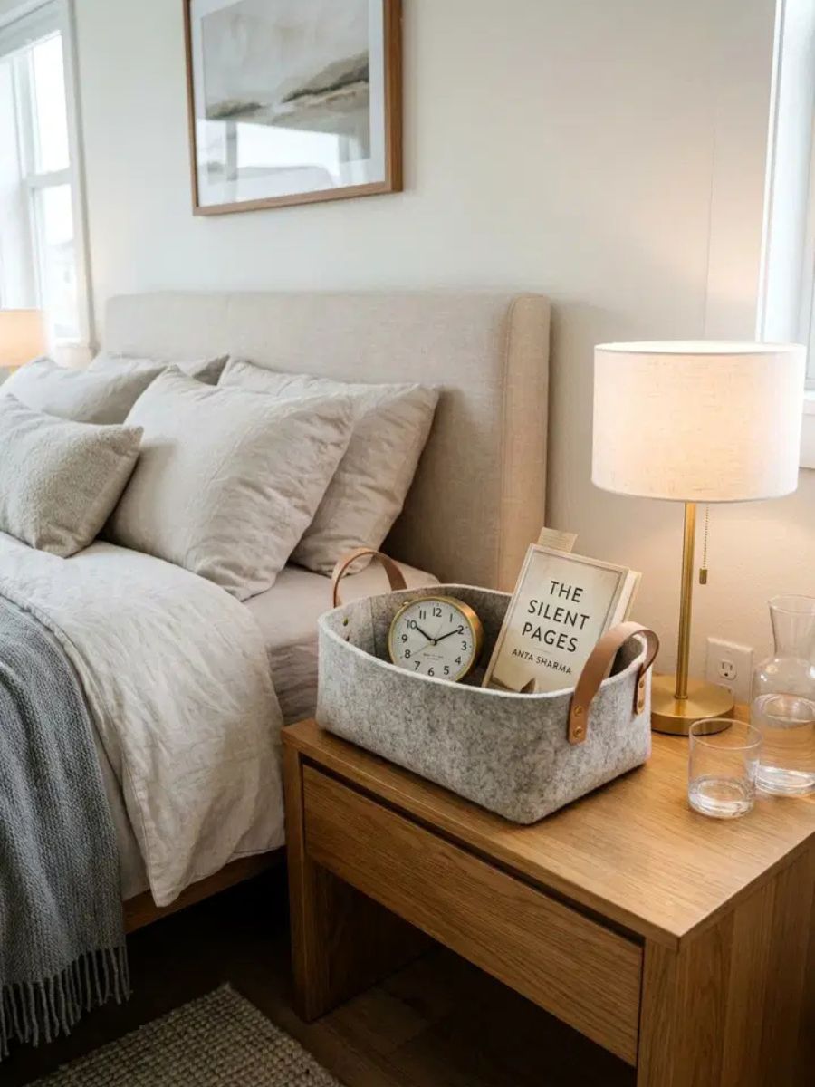 Wool felt baskets on a nightstand holding small bedroom items neatly