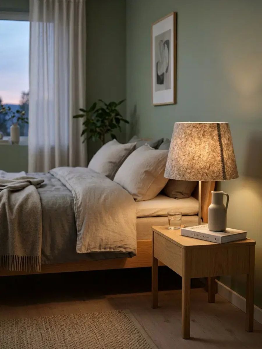 Wool felt lampshade on a bedside lamp creating warm and diffused lighting
