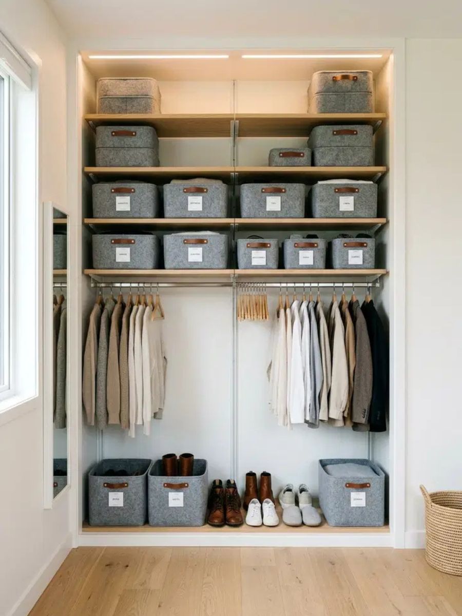 Wool felt storage bins on bedroom shelves providing stylish organization