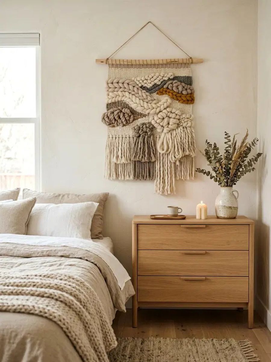 Wool fiber art with raw roving and woven sections hanging on a bedroom wall
