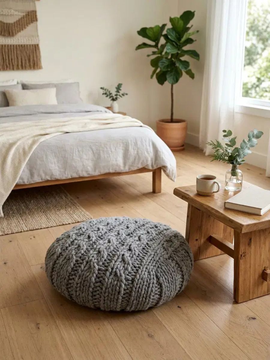 Large wool floor pillows stacked in a bedroom corner for casual seating and lounging