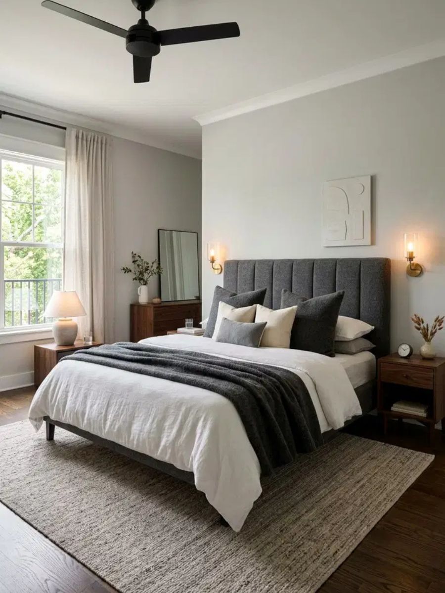 Wool upholstered headboard adding texture and elegance to a bedroom