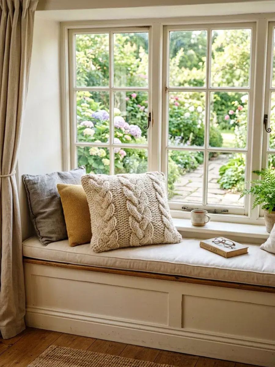 Wool knit cushions with cable and honeycomb patterns on a bedroom bed
