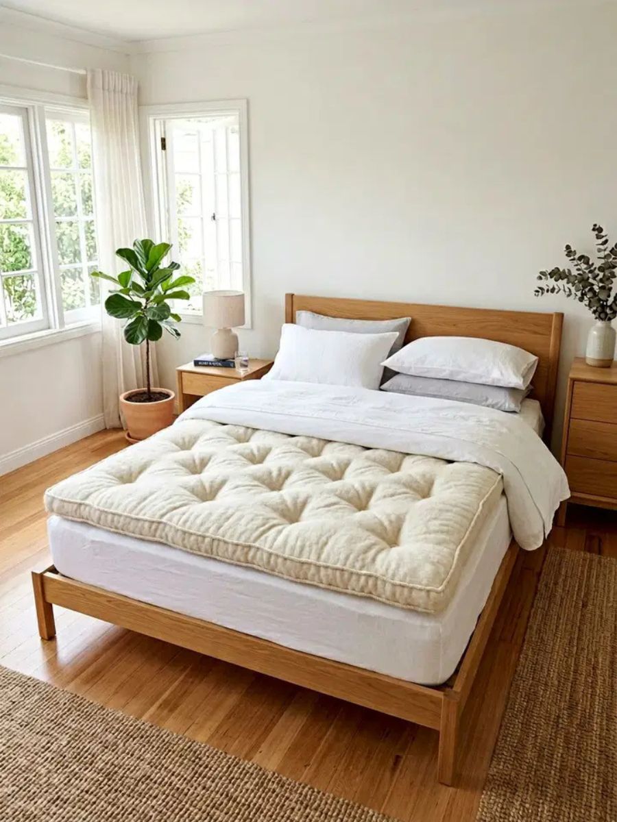 Wool mattress topper adding a layer of cushioning and temperature regulation to a bed