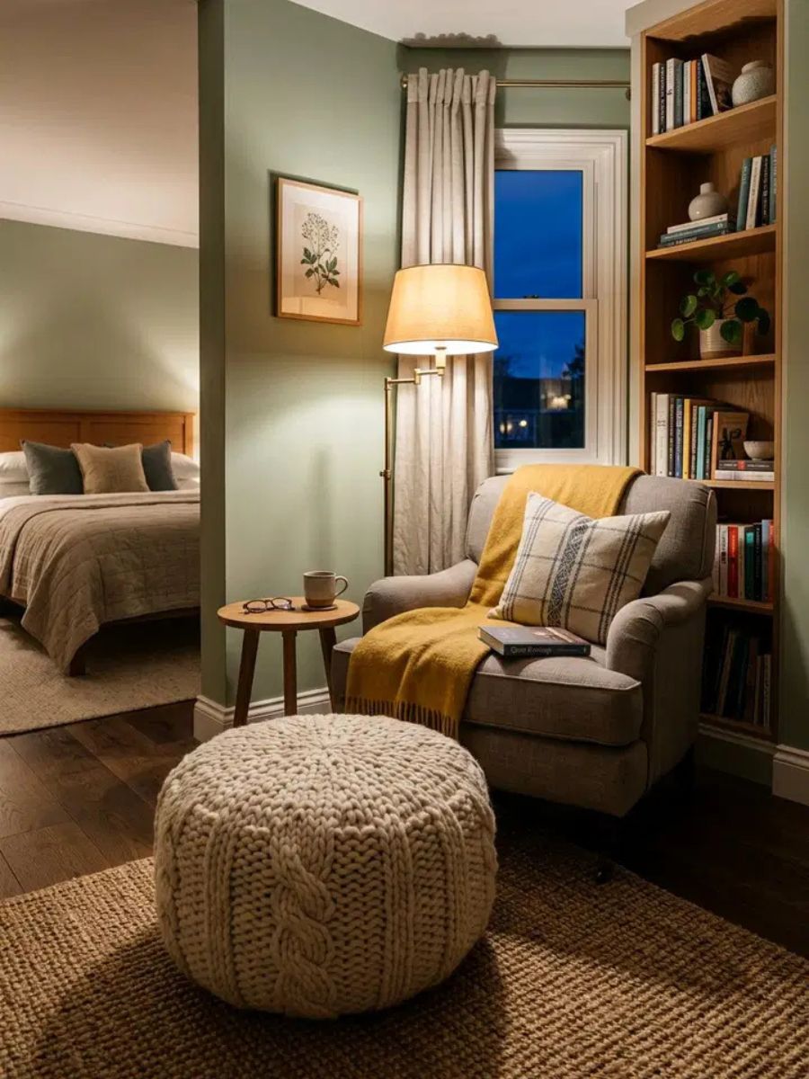 Wool knit ottoman in a bedroom reading nook adding texture and comfort