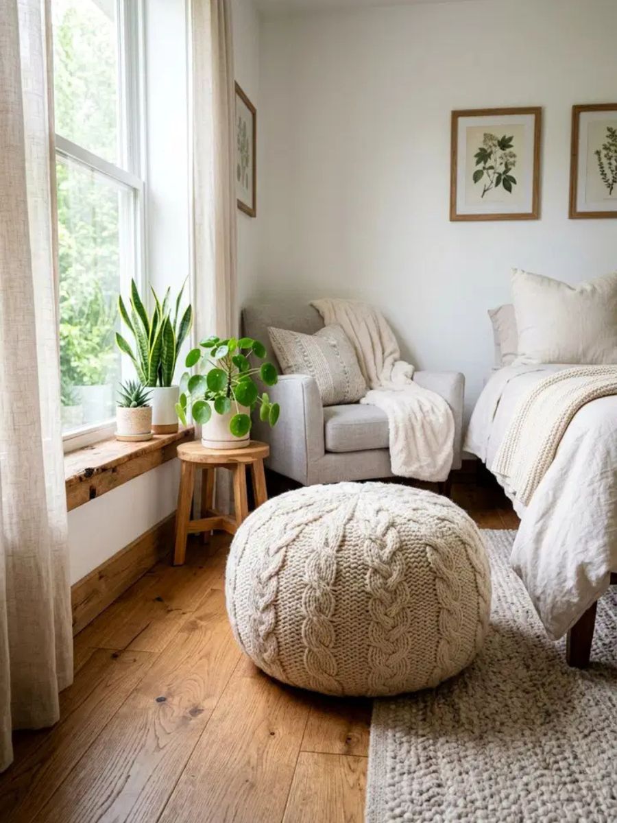 Chunky wool pouf on a bedroom floor adding charm and extra seating