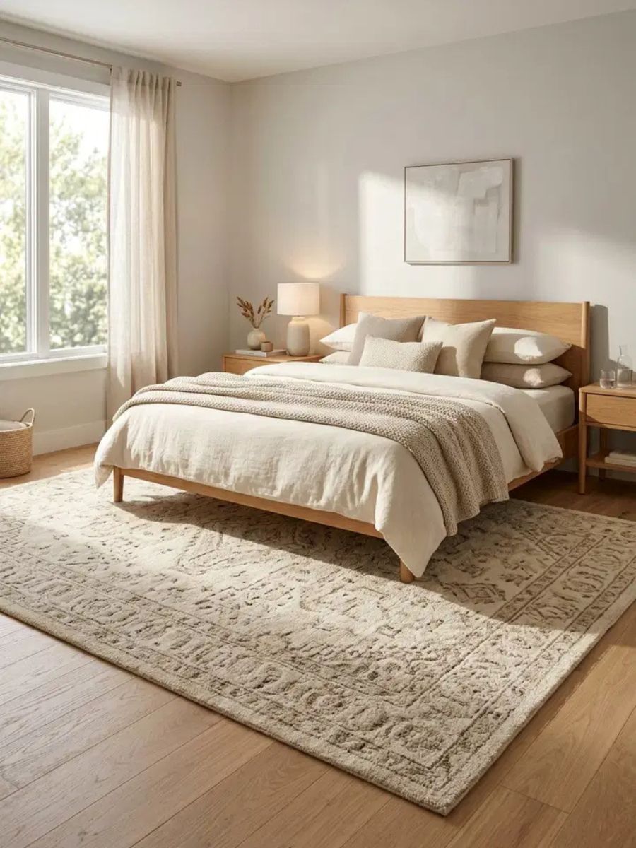 Large wool rug on a bedroom floor providing warmth and texture underfoot