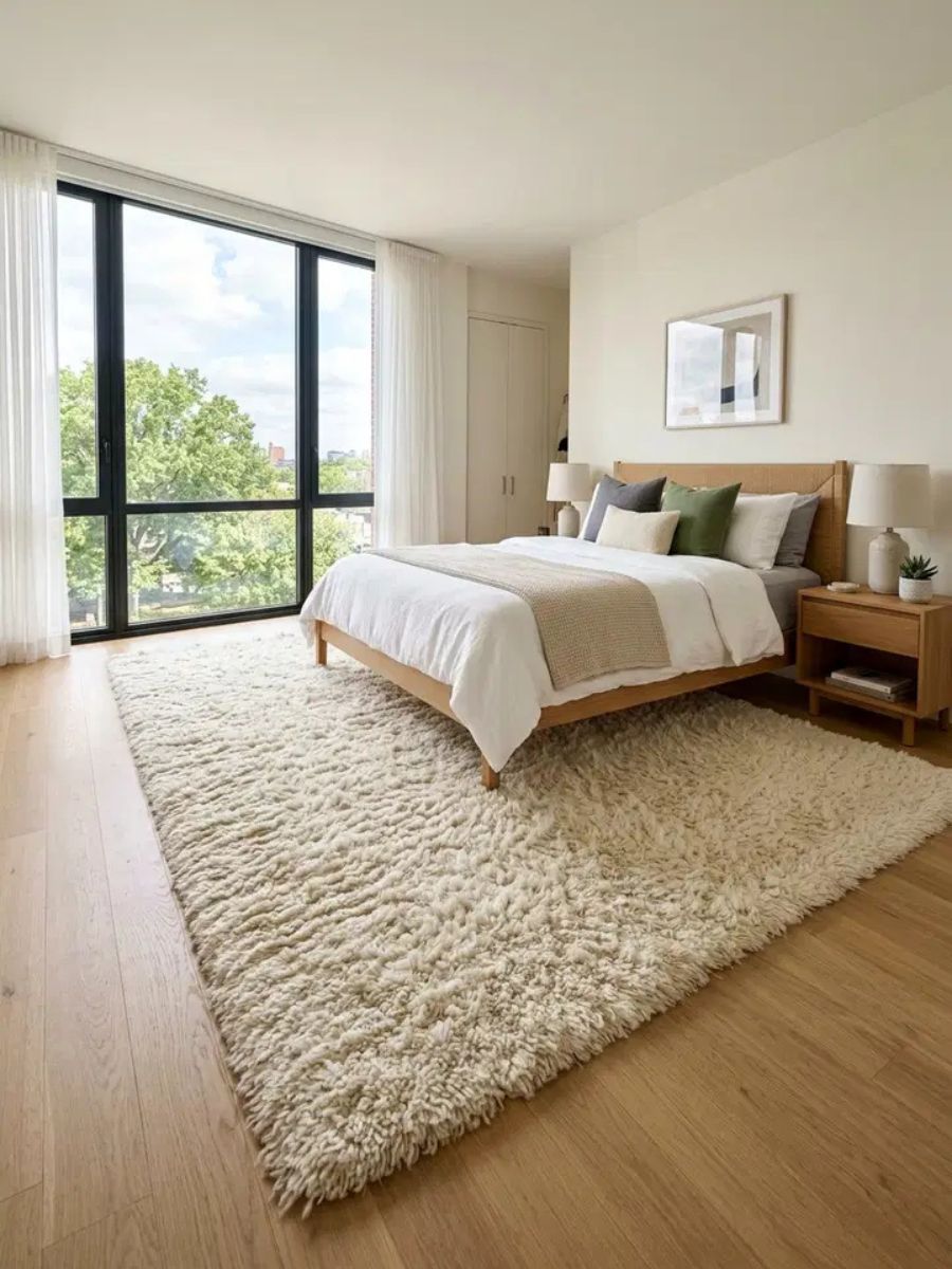 Wool shag rug with long plush fibers adding retro luxury to a bedroom floor
