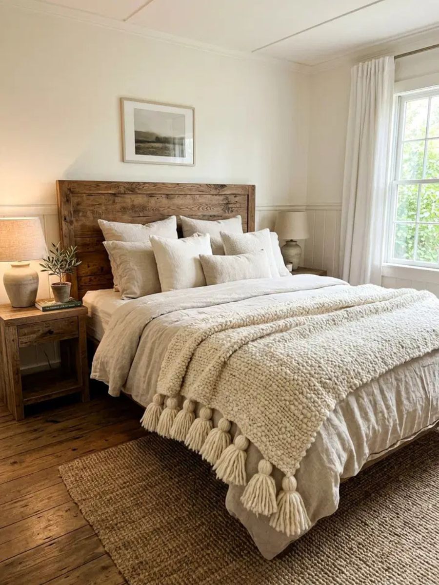 Wool tassel throw blanket draped over a bed corner adding bohemian charm