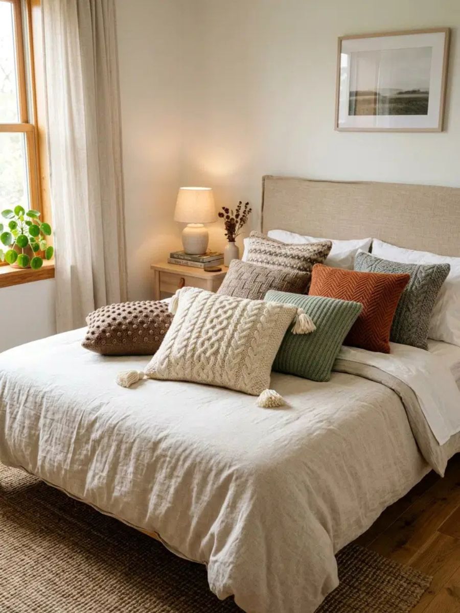 Wool throw pillows in mixed textures and neutral tones on a styled bed