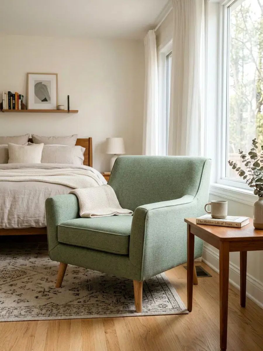 Vintage armchair with fresh wool upholstery adding modern elegance to a bedroom