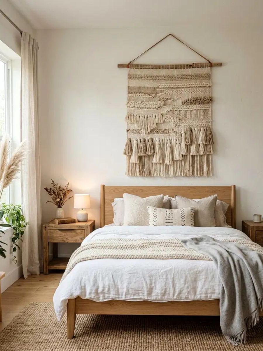 Wool wall hanging fiber art above a bed as a textural focal point