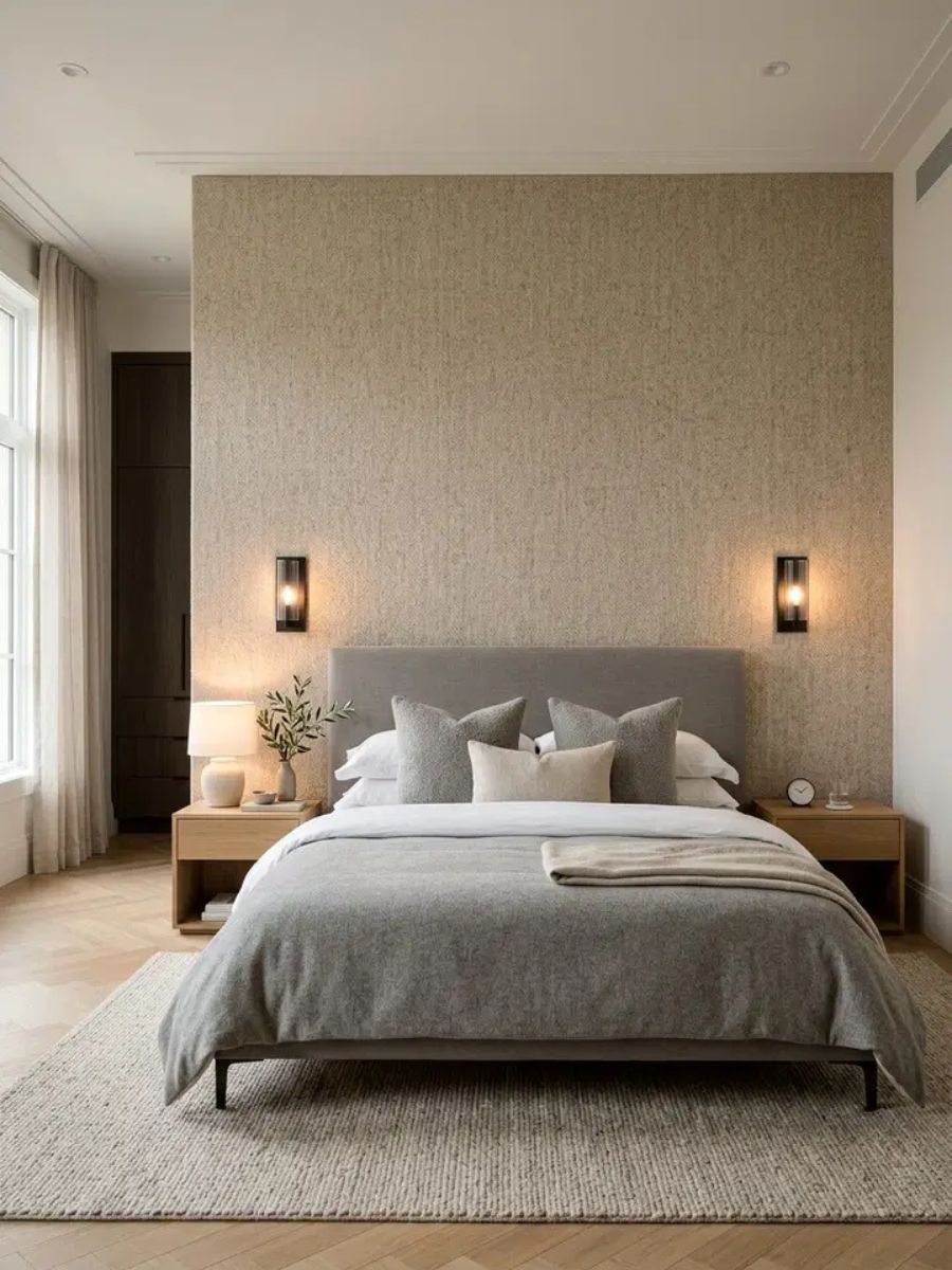 Wool textured wallpaper on a bedroom accent wall behind the headboard